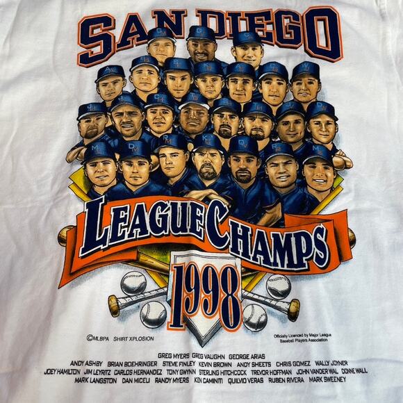 PADRES San Diego Padres 1998 League Champs Shirt‎ White Large Deadstock Graphic - Picture 2 of 4